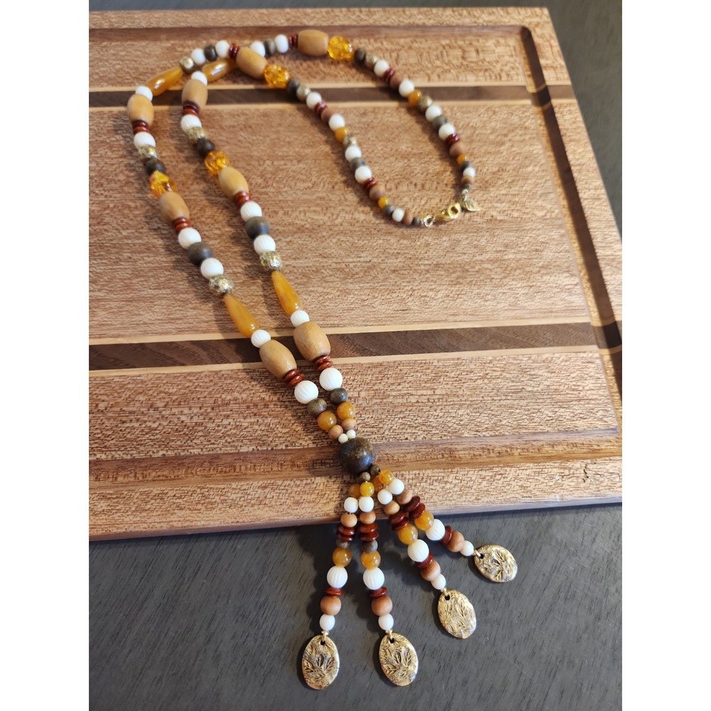 Vintage Liz Claiborne Beaded Tassel Necklace Earthy Trendy Boho Chic Texture 90s